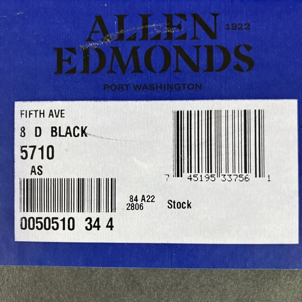 Allen Edmonds 5710 Fifth Avenue Black Cap Toe Oxfords Mens 8 D Dainite Box Trees
